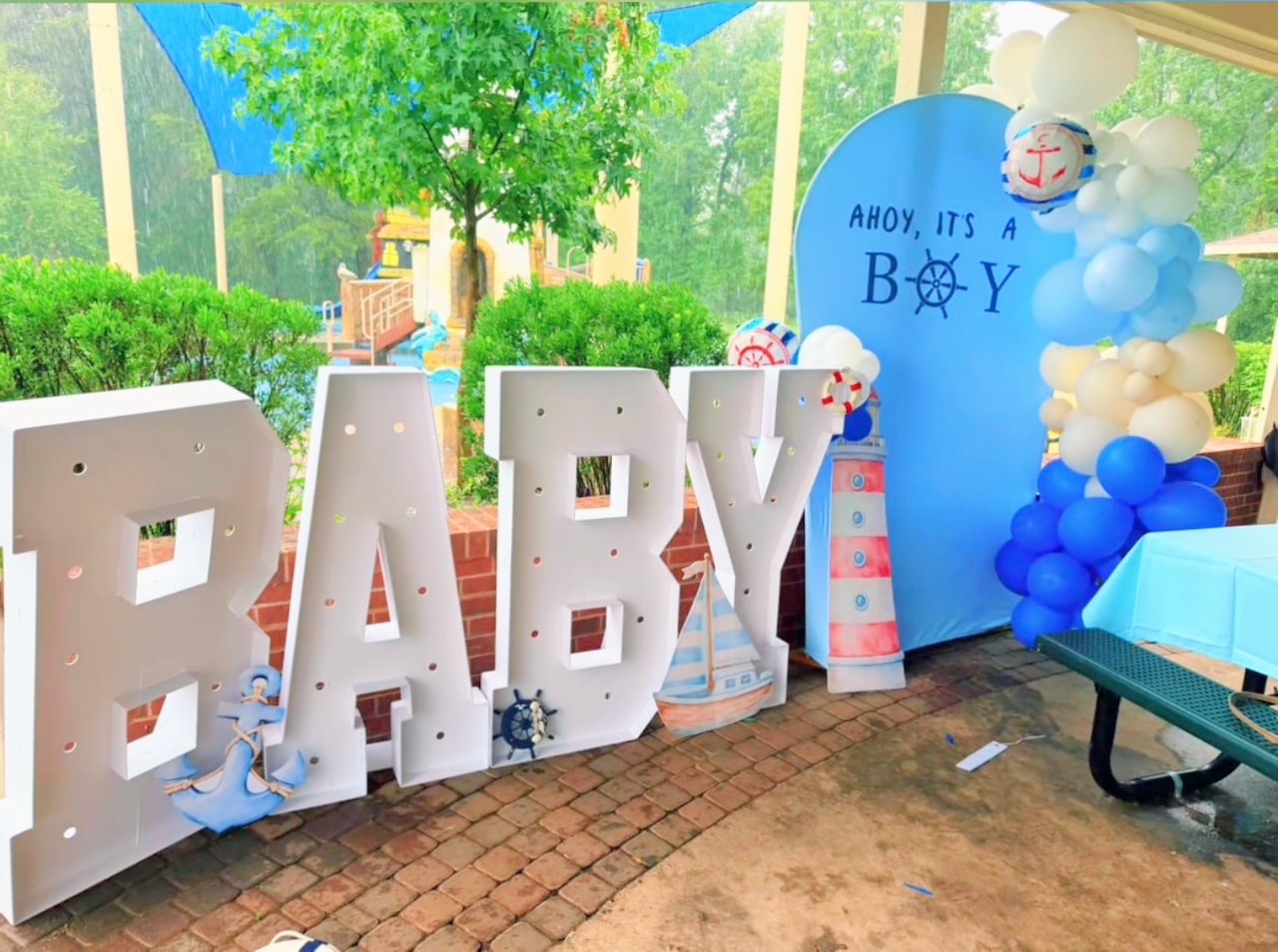 Ahoy It's a Boy nautical baby shower with BABY marquee letters and balloon arch